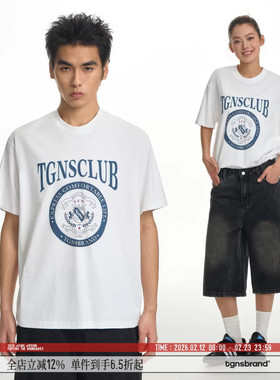 TGNS美式复古badge印花t恤男宽松重磅短袖白色百搭休闲圆领上衣女