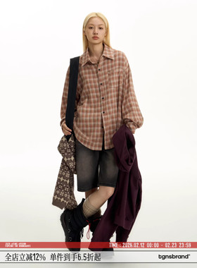 TGNS磨毛格子衬衫女橘色格纹衬衣春季美式复古长袖情侣上衣外套男