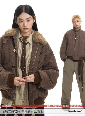 TGNS仿羊羔毛翻领厚条纹外套女生冬季保暖棉衣男美式复古休闲上衣