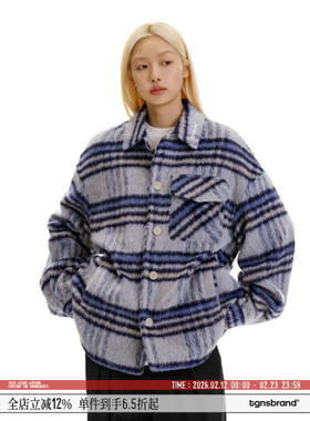 TGNS潮牌拉毛质感大格纹夹克春秋季高级感蓝色韩系格子毛呢外套