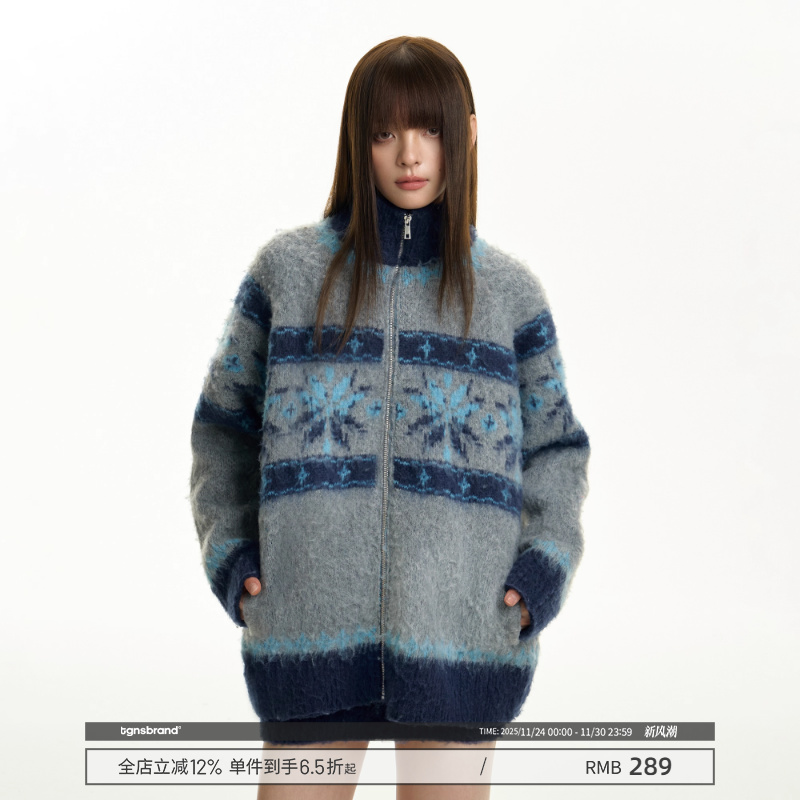 TGNS立领提花针织毛衣慵懒风外套