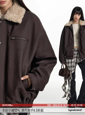 TGNS仿羊羔毛翻领帆布pu皮夹克男女秋冬复古棒球服底特律工装外套