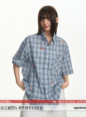 TGNS水果贴纸格子衬衫女夏季百搭格纹衬衣短袖男复古宽松休闲上衣