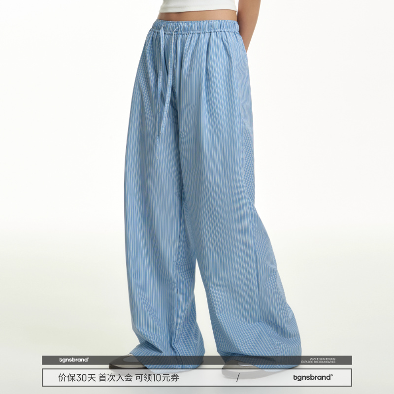 夏日海岛风蓝色条纹长裤