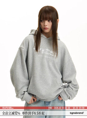 TGNS潮牌蕾丝YES标连帽卫衣男春季美式复古灰色帽衫宽松情侣外套