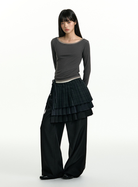 TGNS假两件修身t恤女生秋季显瘦内搭长袖美式休闲设计感打底上衣