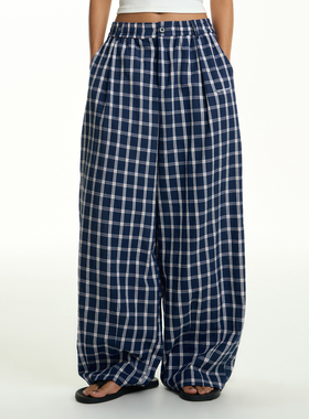 TGNS蓝色格子裤女同款秋季宽松格纹长裤阔腿休闲裤男慵懒拖地裤子