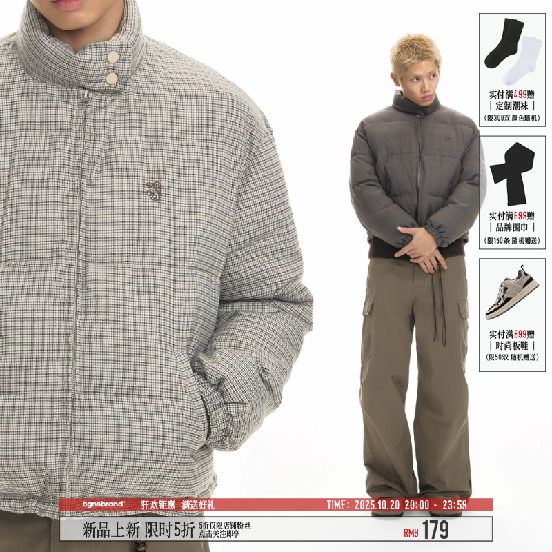 TGNS千鸟格哈灵顿棉服男款冬季2025新款加厚保暖棉衣立领防风外套