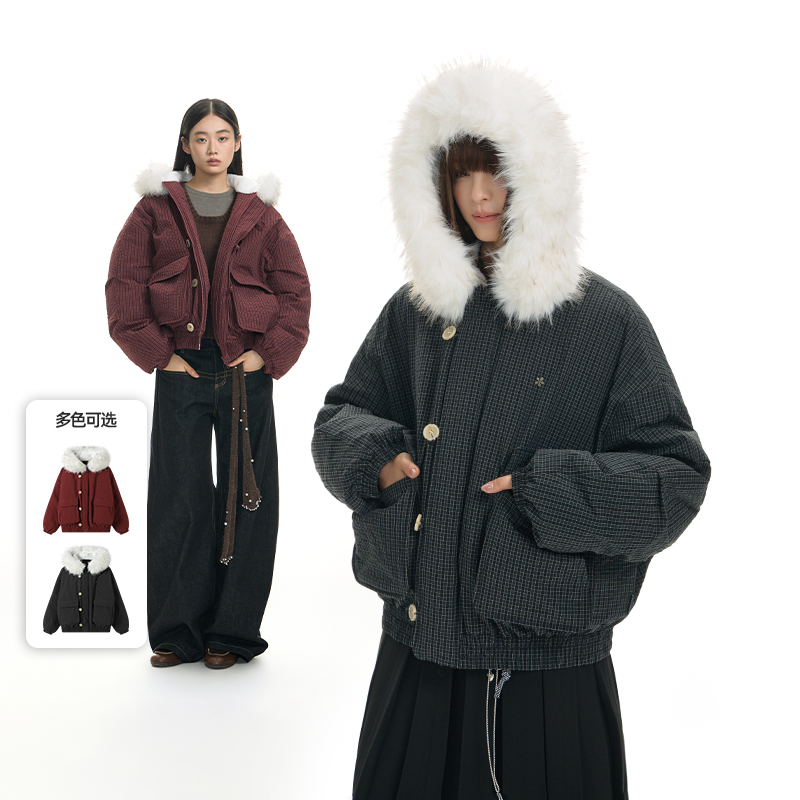 【Coco喜欢】TGNS格纹连帽毛领纽扣Ma1派克服女冬季棉服保暖外套