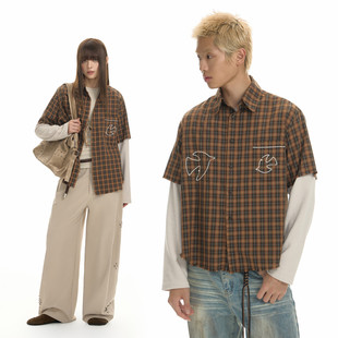 【chammy专属】TGNS假两件飞鸟串珠刺绣格纹衬衫女生复古拼接长袖