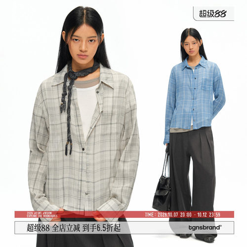 TGNS棉麻褶皱格纹长袖衬衫