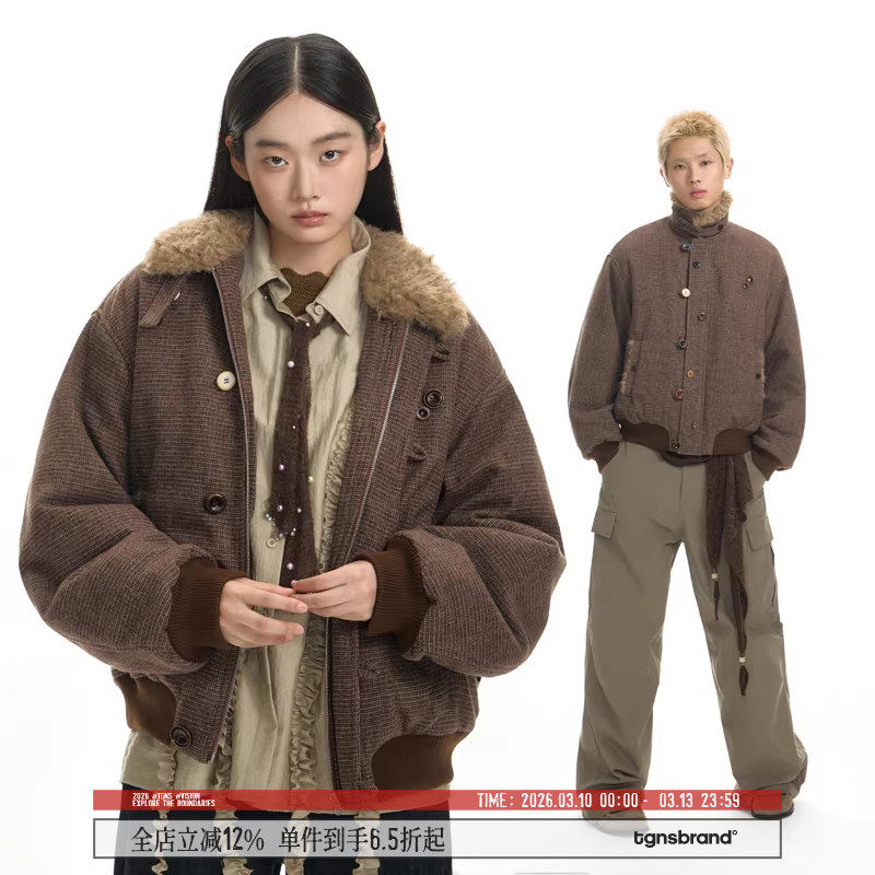 TGNS仿羊羔毛翻领厚条纹外套女生冬季保暖棉衣男美式复古休闲上衣