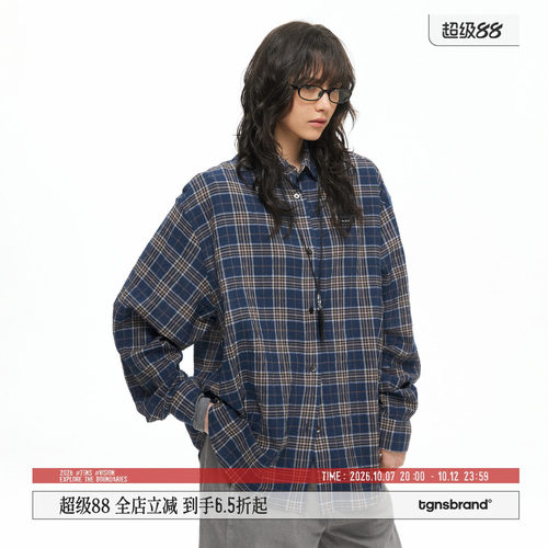 TGNS美式复古格纹宽松情侣衬衫