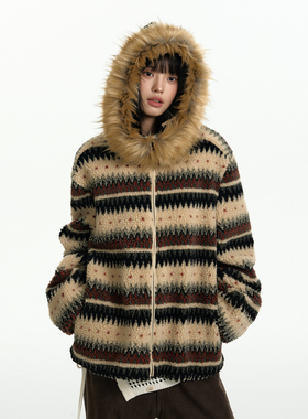 TGNS毛领连帽仿羊羔毛外套女秋冬毛绒设计感宽松复古费尔岛毛衣男