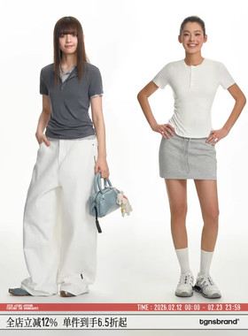 TGNS灰色亨利领正肩短袖t恤女生夏季修身内搭美式复古设计感上衣