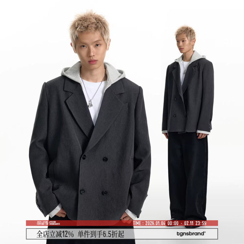 TGNS可拆卸连帽西装男春季小众设计感休闲西服美式复古宽松外套女,男装,休闲西服,淘宝优惠券,粉丝福利购,淘宝优惠卷