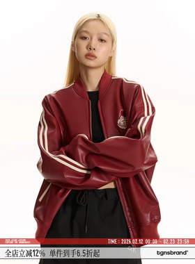 TGNS潮牌复古运动红色棒球服男款春季美式街头设计感PU夹克外套
