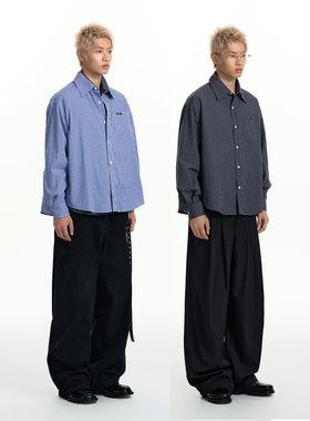 TGNS蓝色格纹衬衫女秋季长袖美式复古格子衬衣男宽松cleanfit外套