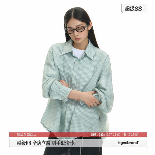 TGNS网纱格纹薄荷绿长袖格子衬衫