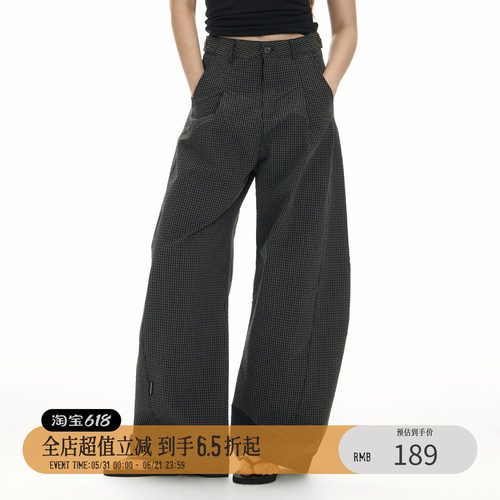 TGNS春季美式复古格纹弯刀裤