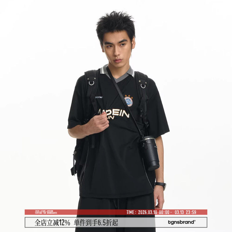 TGNS美式复古足球服polo衫男夏季休闲运动球衣短袖宽松情侣t恤女