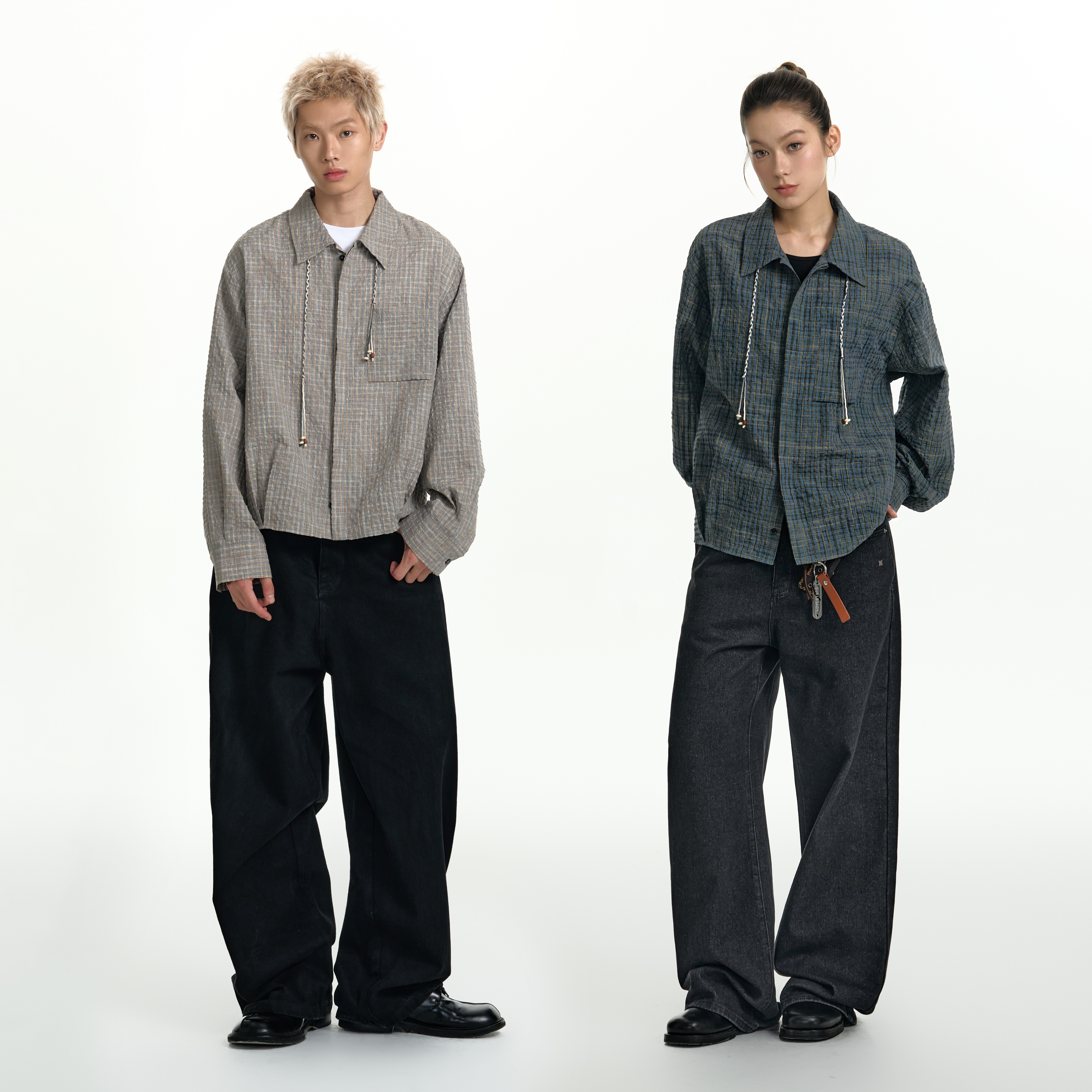 【chammy专属】TGNS肌理感格纹衬衫女美式复古格子衬衣男长袖外套