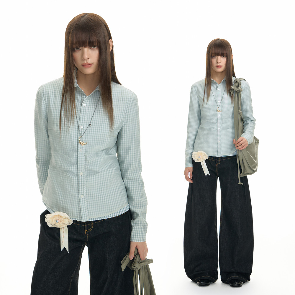 TGNS网纱格纹正肩长袖衬衫女春季薄荷绿收腰显瘦慵懒百搭格子衬衣