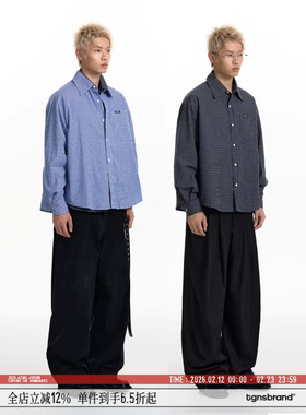 TGNS蓝色格纹衬衫女春季长袖美式复古格子衬衣男宽松cleanfit外套