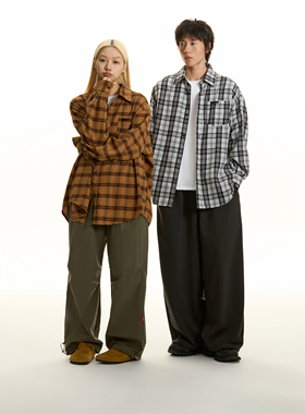 TGNS美式姜黄色磨毛格子衬衫男长袖复古格纹衬衣女休闲上衣外套