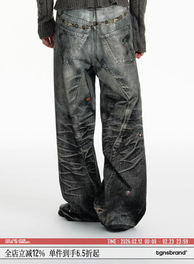 TGNS3d打印牛仔裤男设计感数码印花长裤美式宽松阔腿链条女生裤子