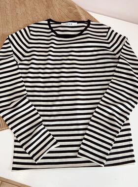 NGRM zhi+元纱~早秋100%精纺细支美丽诺羊毛条纹套头针织衫薄款女