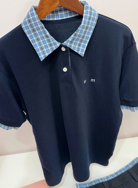 【特价】NGRM 李兰迪同款~格纹拼接假两件纯棉polo衫短袖/百褶裙