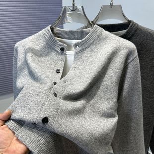 冬天复古纯色针织开衫毛衣外套男2025秋季新款圆领外搭休闲毛线衣