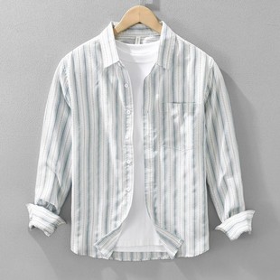 高级感竖条纹长袖衬衫男装春秋新款韩版免烫休闲衬衣日系寸衫外套