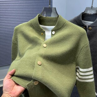 2025新款棒球领开衫男士针织衫秋冬季高品质暗扣休闲百搭毛衣外套