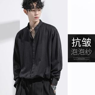 高级感泡泡纱长袖衬衫男夏季黑色立领衬衣大码休闲痞帅上衣外套潮