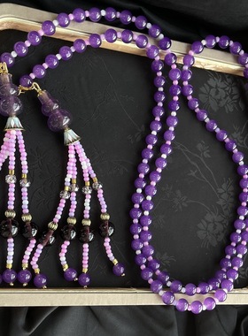 蜜南中古vintage复古宫廷风轻奢紫色琉璃珠搭配透紫葫芦流苏项链