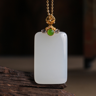 天然和田玉白玉平安无事牌吊坠18k金镶玉项链挂件男女款