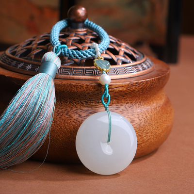 和田玉平安扣白玉车挂流苏搭配一路平安扣玉石创意车挂