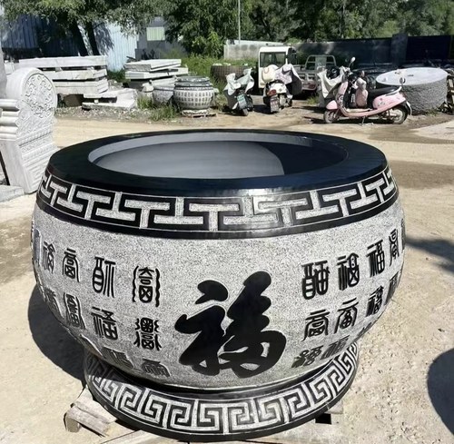 青石石雕鱼缸门海荷花水缸百福养鱼石缸庭院养鱼石缸户外水槽圆缸