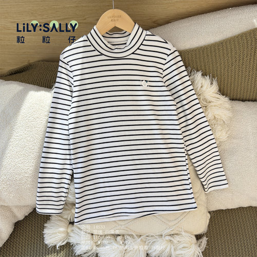 粒粒仔秋冬新款暖棉棉条纹单件长袖T恤净色半高领打底单上衣14S33
