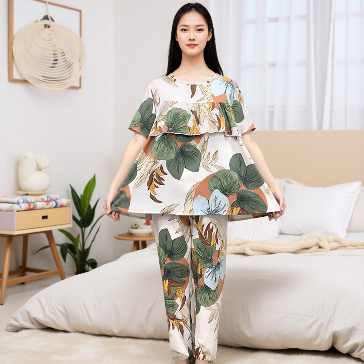 棉绸睡衣女防凸点短袖长裤夏季薄款不带胸垫可外出套装(Y112)