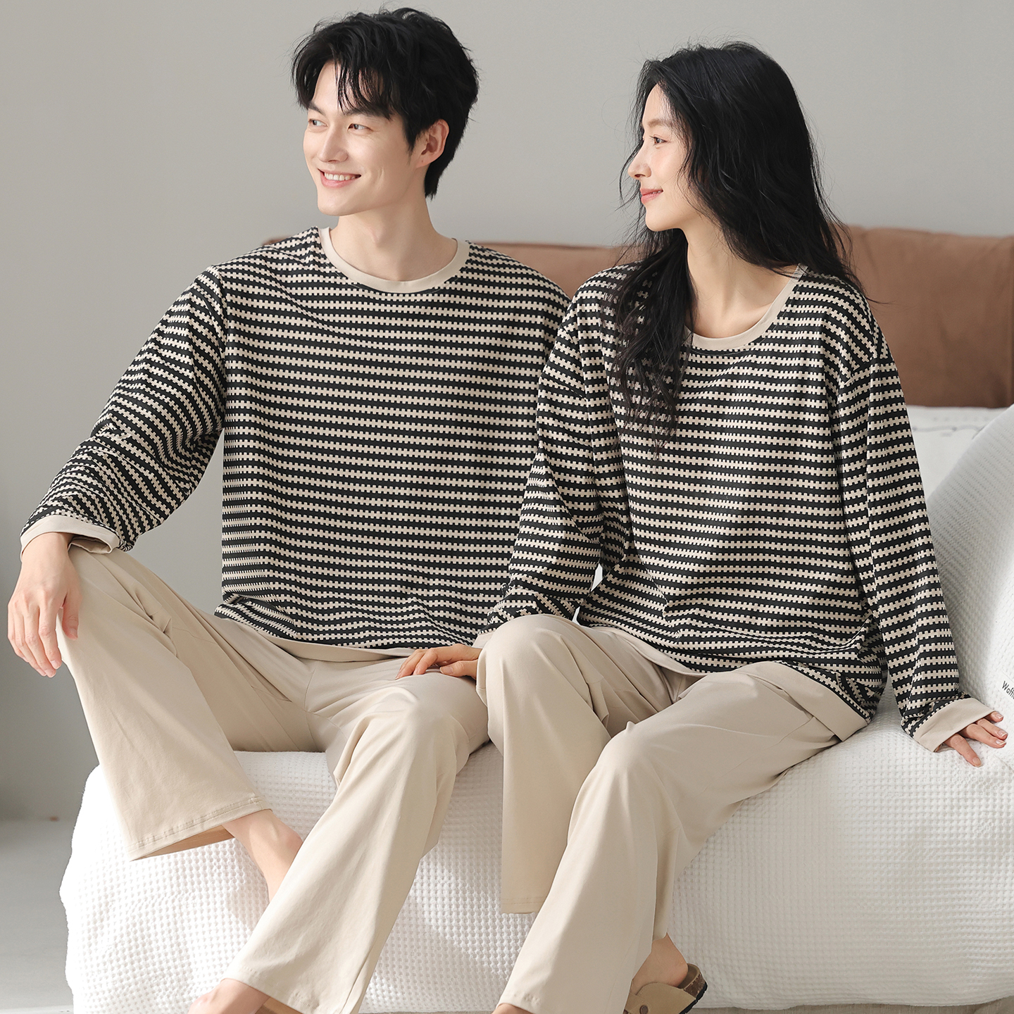 带胸垫睡衣情侣春秋季纯棉长袖女