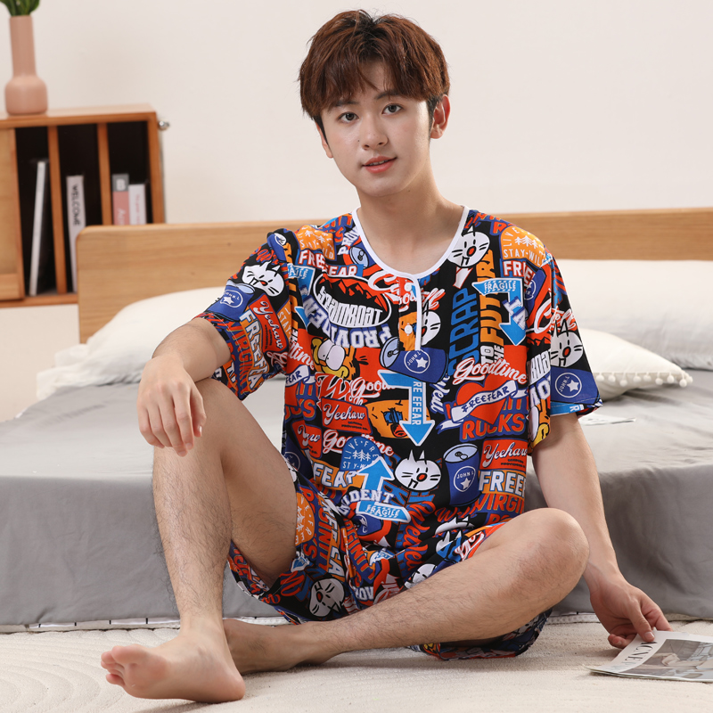 男学生夏季棉绸睡衣青少年薄款短袖裤人造棉家居服男大童绵绸套装