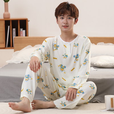 夏季中大童男孩棉绸睡衣小初中学生青少年长袖薄款绵绸家居服套装