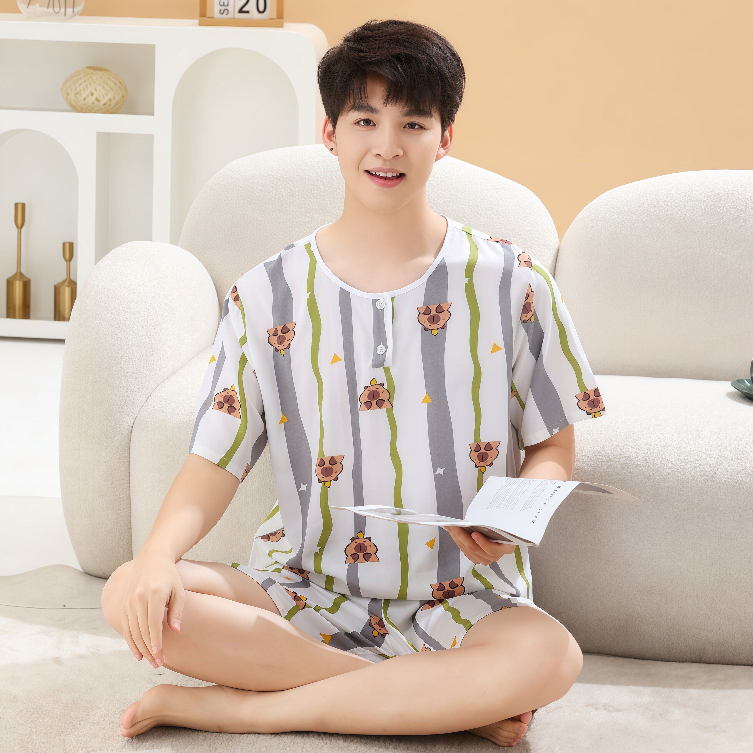 夏季青年男士棉绸睡衣套装短袖短裤绵绸薄款青少年初中学生家居服