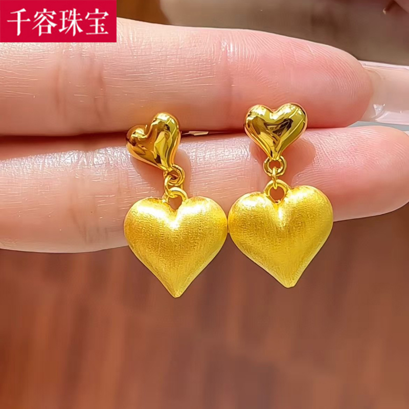5D硬金黄金拉丝爱心耳钉女999足金新款大气心形耳环纯金耳饰送礼