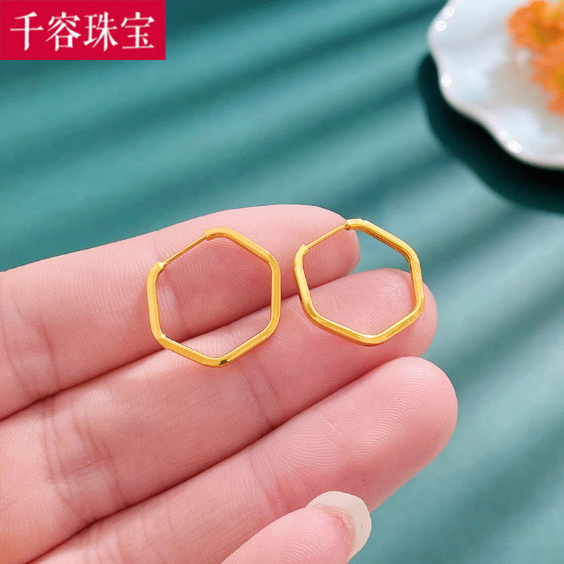 5G黄金几何耳环女999足金ins风新款气质五边形耳饰纯金耳圈送女友