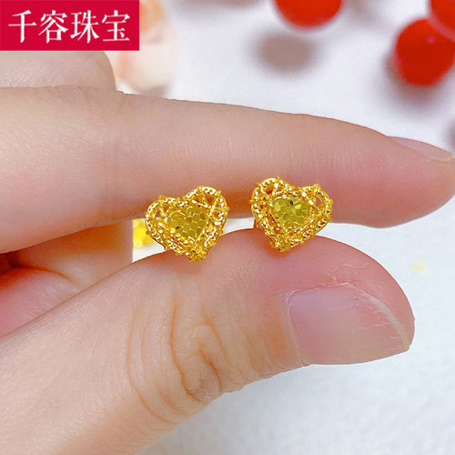 足金黄金爱心弯钩耳钉耳环