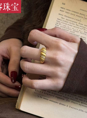 5D硬金黄金牛角包戒指女999足金新款气质点钻镶嵌纯金指环食指戒